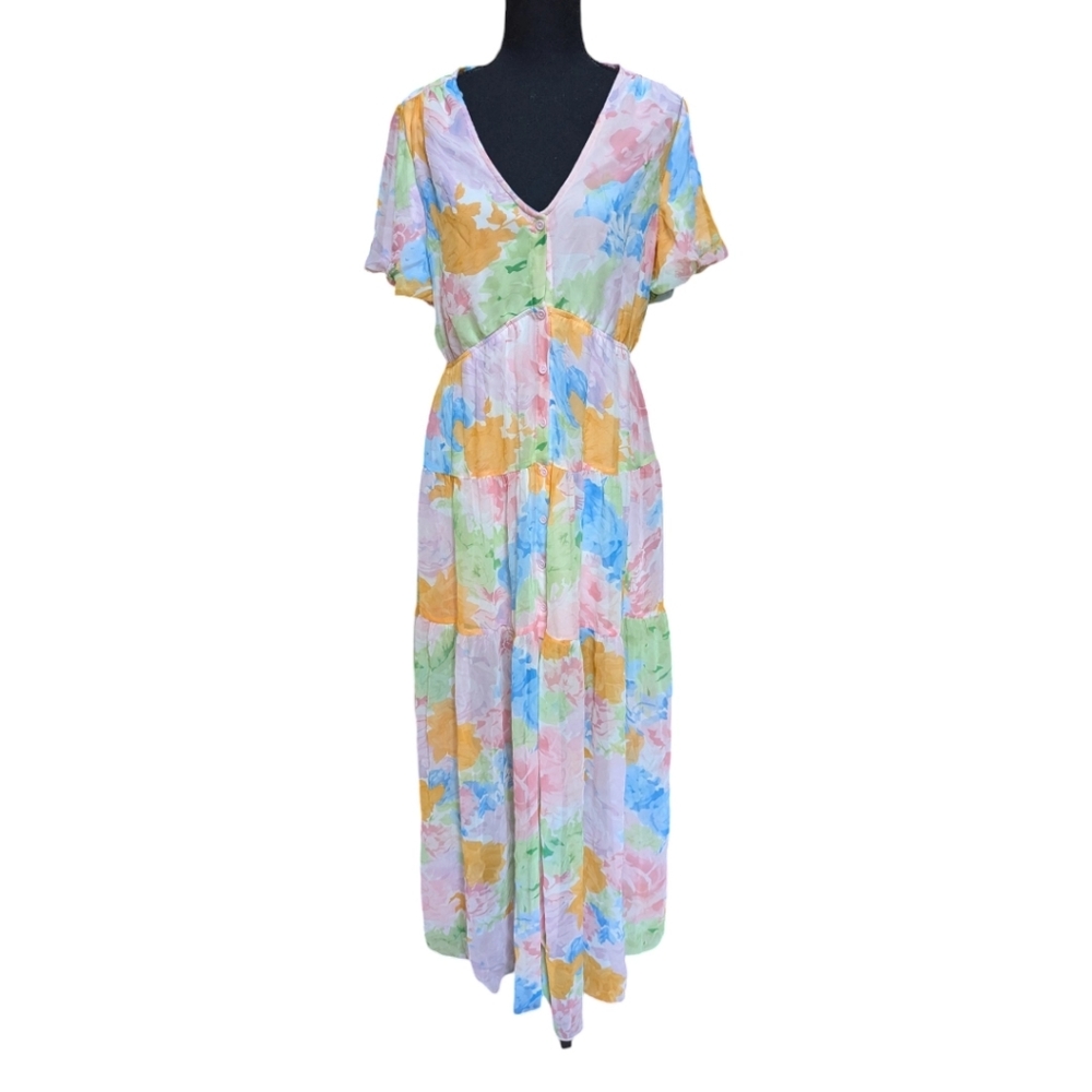 Aakaa Boutique Floral Pastel Short Sleeve Button Front Chiffon Maxi Dress Large